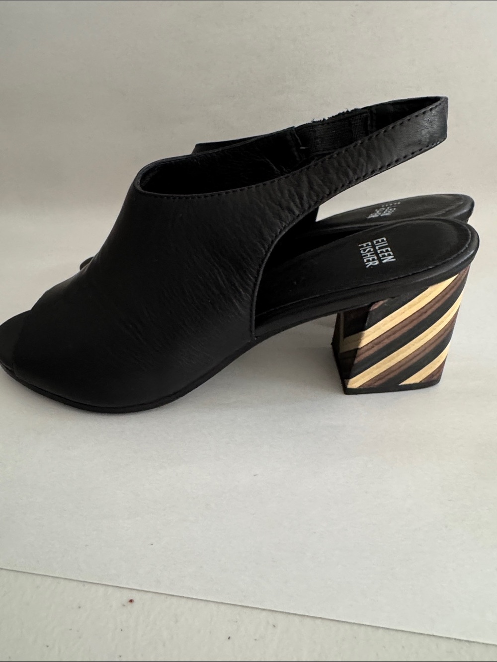 Eileen Fisher Black Leather Peep-Toe Slingback with Striped Block Heel
